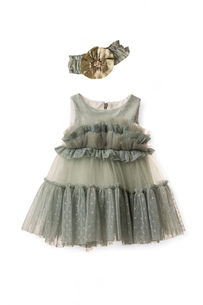 Baby girl mint tulle party dress with ruffles and polka dots, paired with a matching mint headband