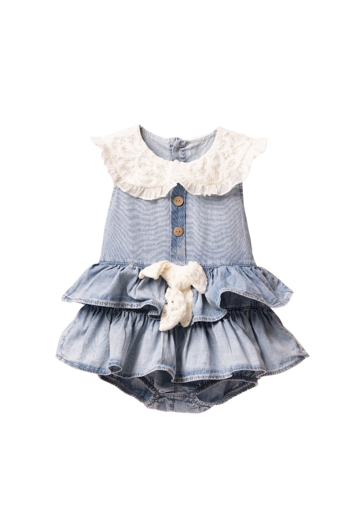 Blue denim baby girl dress with lace collar, button front, and tiered ruffle skirt with lace bow