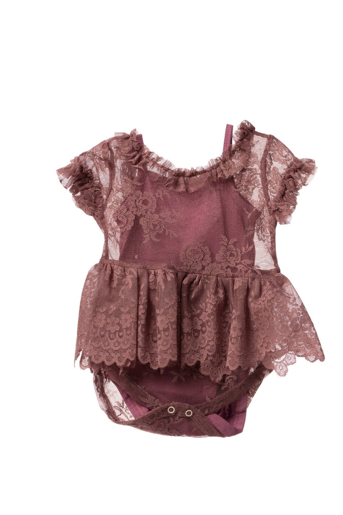 Baby girl burgundy lace peplum romper dress with ruffled sleeves and cotton inner lining